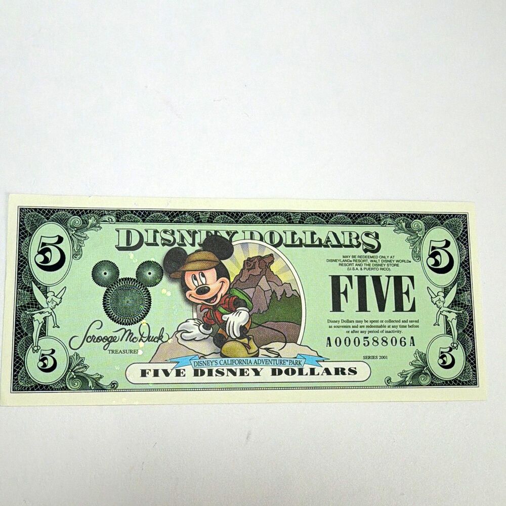 Disney Dollars $5 Note Mickey Mouse Series 2001 CA Adventure A00058806A